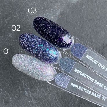 Reflective Base 03 NAILSOFTHENIGHT, base decorativa, azul oscuro con micro brillo reflectante morado y rosa, 10 ml