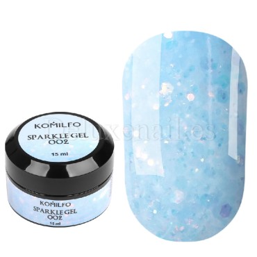 Sparkle Gel 02 Komilfo, Gel constructor azul translúcido con hexágonos brillantes, 15 gr