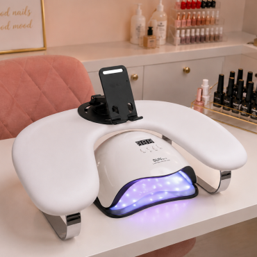 Reposabrazos Mariposa con soporte para móvil, blanco moteado, patas plateadas