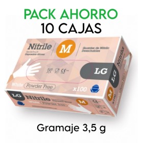 PACK AHORRO - 10 cajas de Guantes de nitrilo sin polvo Rubberex G.Touch LG 3,5 g, talla M, blanco, 1.000 uds (0,11 €/por serv)