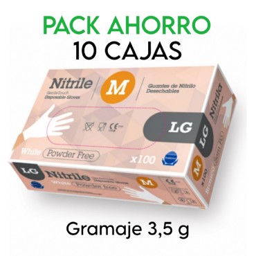 PACK AHORRO - 10 cajas de Guantes de nitrilo sin polvo Rubberex G.Touch LG 3,5 g, talla M, blanco, 1.000 uds (0,11 €/por serv)
